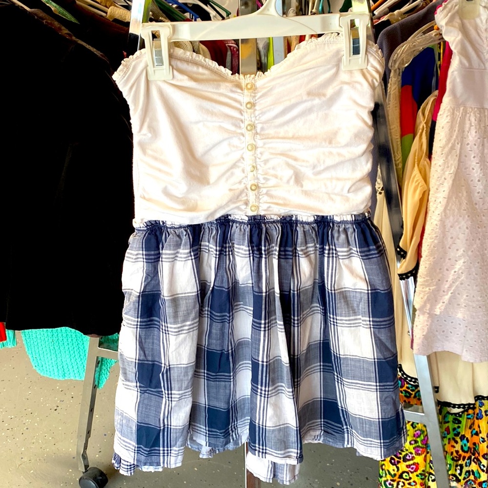 Abercrombie & Fitch strapless white/blue plaid summer dress